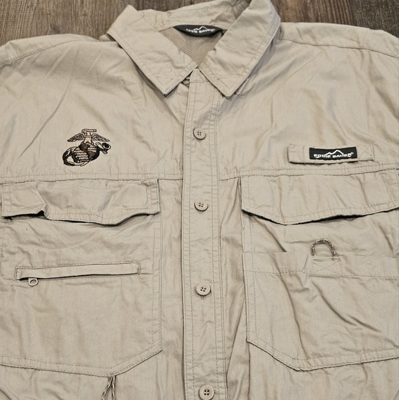 Eddie Bauer Men XL Beige Eagle Embroidered Cotton Mesh Button Short Sleeve Shirt - Picture 5 of 8